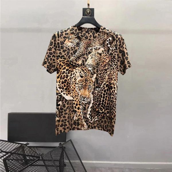 Homens Camisetas Europa Estilo Verão Chic Alta Qualidade Diamantes Leopard Tee Tops T-shirt B660