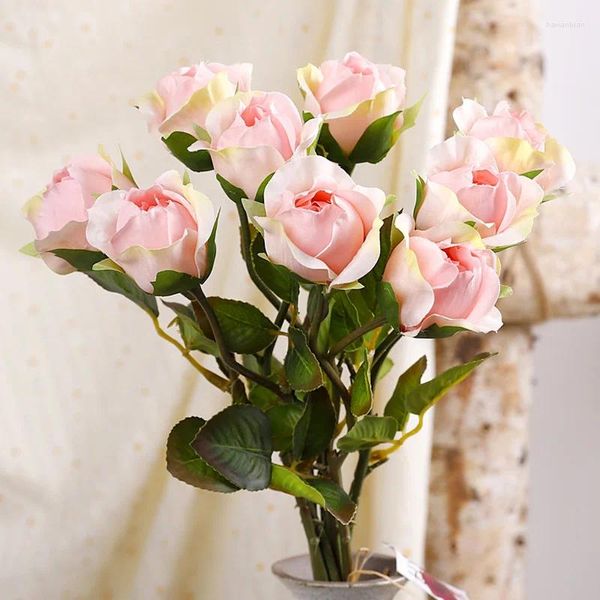 Flores decorativas 9 cabeças toque real buquê de rosas artificiais realista flor falsa para festa de casamento decoração de noiva decoração de casa