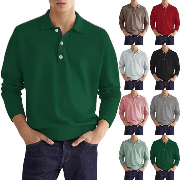 Camiseta masculina primavera manga comprida decote em v botão sólido casual camisa superior moda pesada para homens