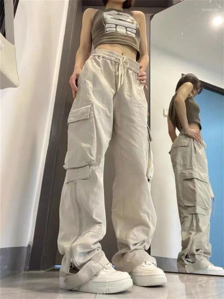 Damenhose QWEEK Y2K Vintage 90er Jahre Beige Cargo Damen Harajuku Retro Hose mit weitem Bein Übergroße Straßentaschen Elastische Taille Pantalon