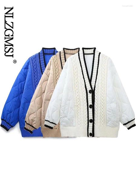 Mulheres malhas nlzgmsj azul retalhos cardigan casaco para mulheres 2024 outono e inverno solto estilo ocioso engrossado tricô parka outwears