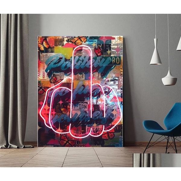 Gemälde Abstrakte Straßenkunst Mittelfinger Leinwand Malerei Vintage Iti Poster und Druck Wandbild für Wohnzimmer Home Drop Deliv DHE2D