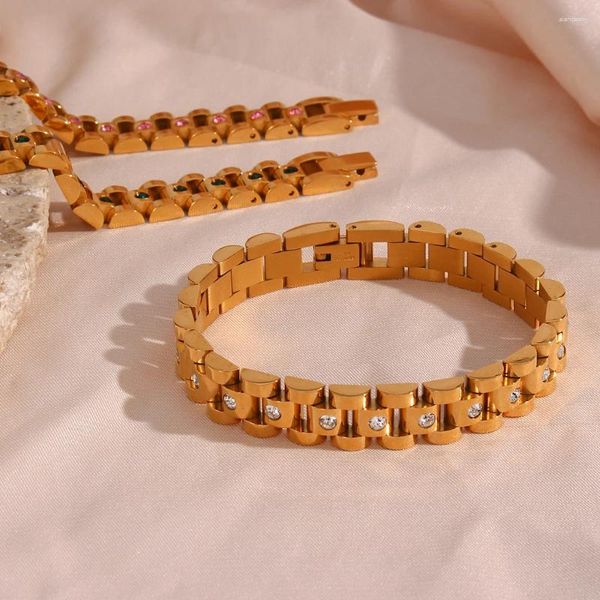 Link pulseiras 18cm comprimento luxo incrustado colorido aaa zircão pulseira de relógio corrente 18k banhado a ouro 316l pulseira de aço inoxidável para mulher