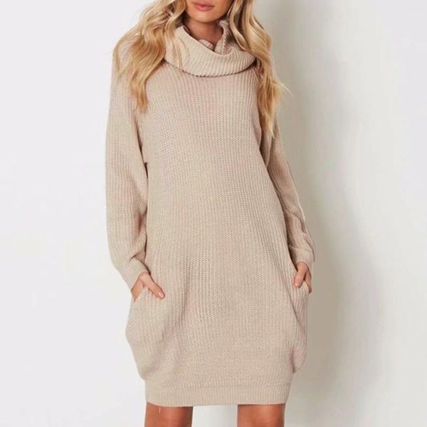 Casual Kleider Overisze Rollkragen Gestrickte Pullover Kleid Einfarbig Lange Ärmel Warme Pullover 2024 Frühling Herbst Faul Stil Vestidos