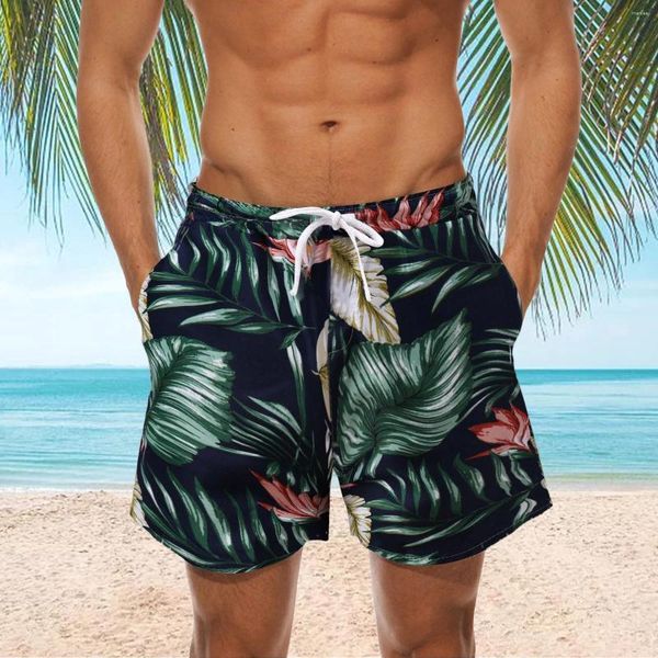 Herren-Shorts, Boho-Vintage-Badehose für Herren, trendige Blätter-Druck-Verband, Doppeltaschenbrett, Sommer, hawaiianische Freizeit-Strandbekleidung