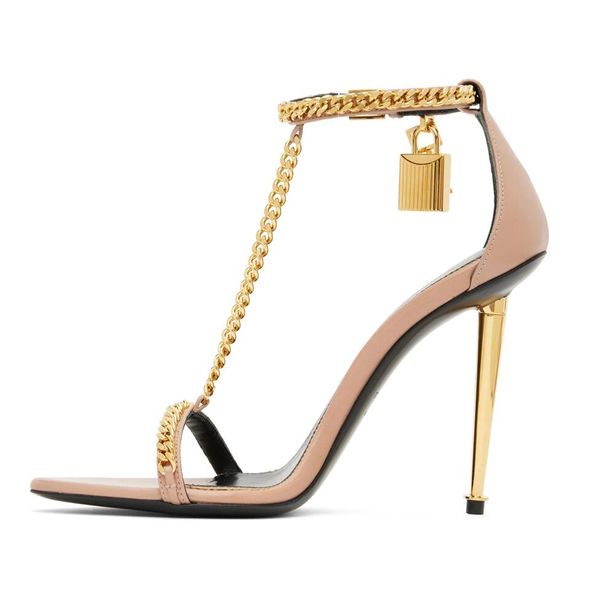 24 cadeado de luxo pontiagudo sandálias nuas sapatos mulheres bloqueio chave metal stiletto saltos de ouro elo de corrente sexy senhora festa vestido de casamento EU35-43 caixa original