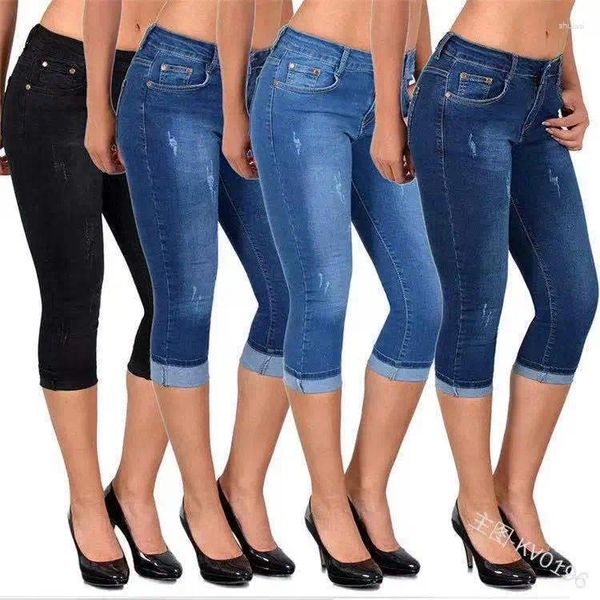Женские джинсы, женские брюки-карандаш длиной до колена, джинсовая ткань с высокой талией, тонкие карманы, легкая эластичная повседневная весна 2024, однотонный цвет
