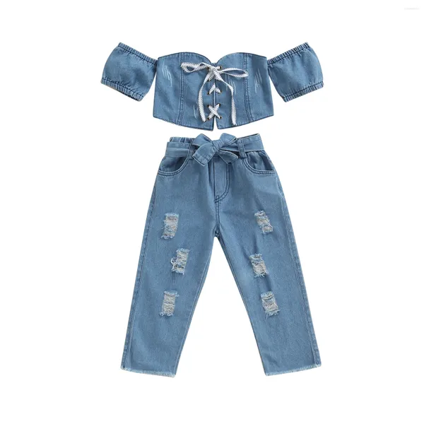 Kleidungssets für Kinder, Baby, Mädchen, Denim-Outfits, schulterfrei, kurzärmelig, Schnür-Crop-Tops mit zerrissenen Jeans, 2–7 Jahre