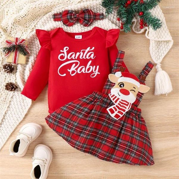 Kleidung Sets FOCUSNORM Infant Baby Mädchen Weihnachten Kleidung 3 stücke Langarm Brief Print Strampler Plaid Hosenträger Rock Stirnband