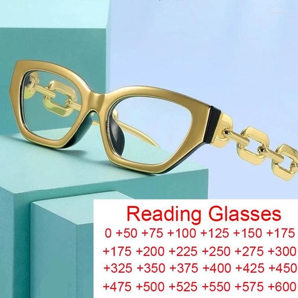 Occhiali da sole vintage con montatura in ORO occhiali da lettura trasparenti da donna sexy cat eye anti luce blu occhiali da vista di lusso con catena grande