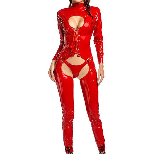 Trajes de Catsuit Mulheres Virilha Aberta Bodysuit Brilhante Wetlook Couro Falso Catsuit Sexy Bodysuits Manga Longa Crotchless Bunda Aberta Leo263a