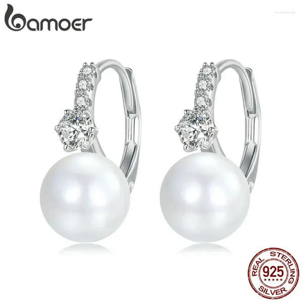 Hoop Ohrringe Bamoer 925 Sterling Silber Elegante Qualität Shell Perle Ohr Schnallen Pflastern Einstellung CZ Für Frauen Party Edlen Schmuck BSE928