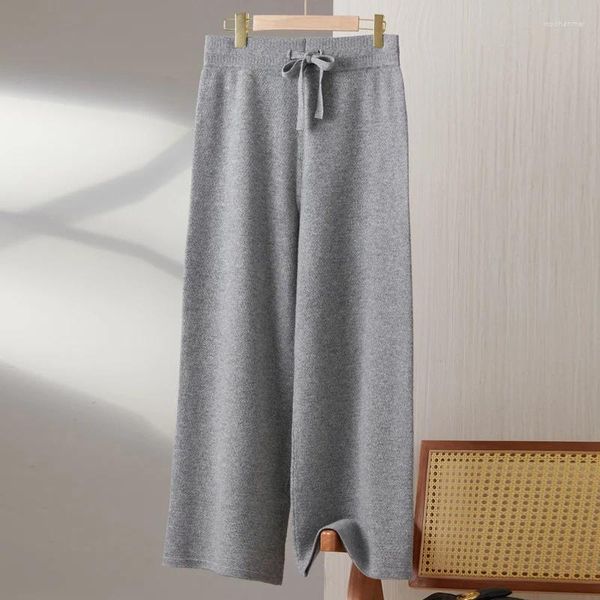 Pantaloni da donna in cashmere in lana merino autunnale e invernale, spessa e calda, con coulisse a gamba larga