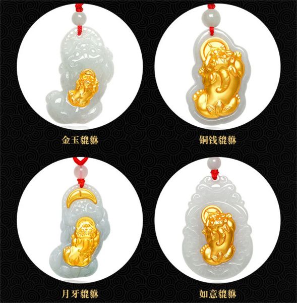 Anhänger Natürlicher Jadeit der Güteklasse A, 18 Karat massives Gold, chinesische Glücksmünze, PiXiu-Jade-Anhänger, Amulett-Halskette für Frau, Mann, Schmuck, zertifiziert