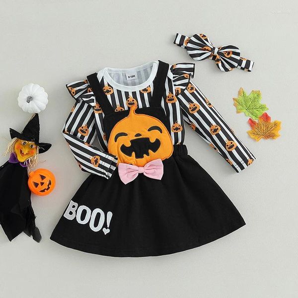 Set di abbigliamento Mababy 0-18M Halloween Neonate Vestiti Carino zucca Stampa maniche lunghe Pagliaccetto Bretella Gonna Fascia Outfit Costumi