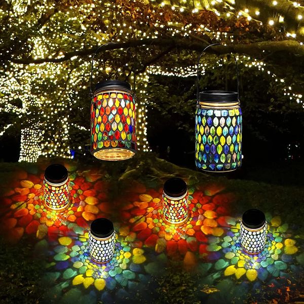 Luz solar ao ar livre lanterna de carregamento solar colorido decoração solar mosaico lanterna lâmpada solar jardim luz decoração do jardim 240123