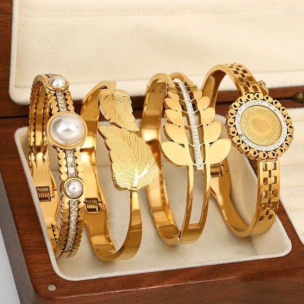 Armreif Flashbuy Trendy Chic 18K Gold Farbe Edelstahl Armreifen Armbänder Für Frauen Herz Münze Zirkon Blatt Geometrische Mode Schmuck