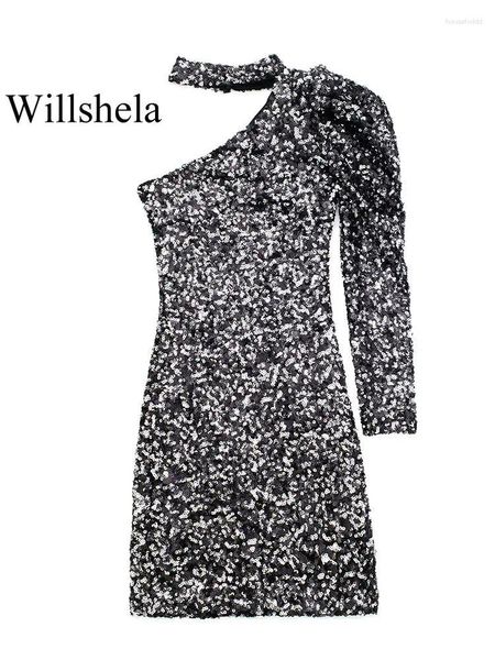 Vestidos casuais willshela mulheres moda com lantejoulas preto oco out mini vestido vintage assimétrico pescoço lateral zíper mangas compridas feminino