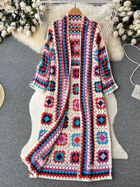 Damenstrickjacke SINGREINY Sommerurlaub Strand Lange Strickjacken Frühlingsmode Vintage-Strickjacke mit Blumenmuster Streetwear Lockerer, ausgehöhlter Mantel