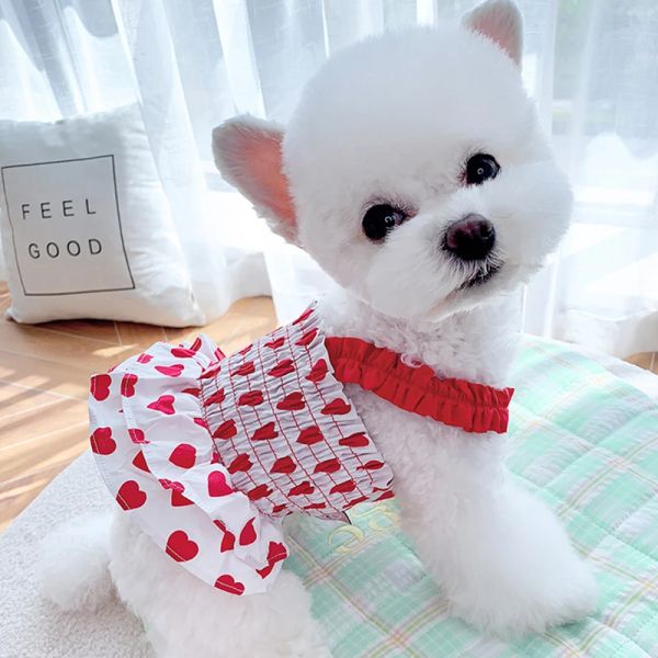 Vestuário vermelho azul coração impressão sling vestido filhote de cachorro roupas para cães verão moda algodão cães roupas saias poodle chihuahua roupas para cães de estimação