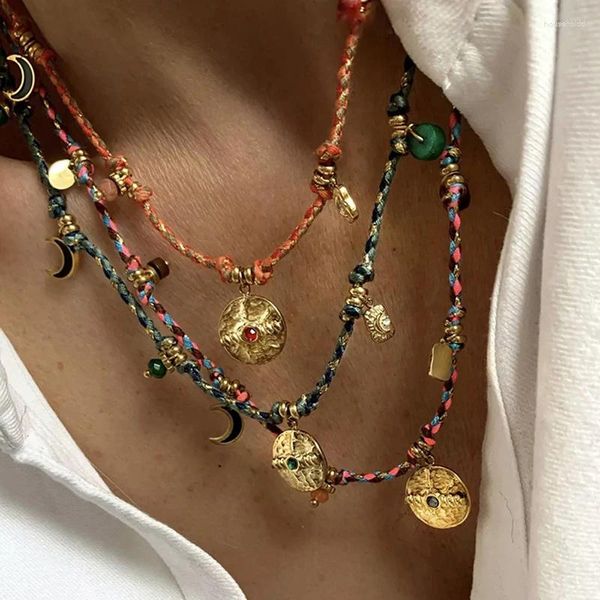 Charme pulseiras na moda colorido algodão corda gargantilha pedra natural encantos de aço inoxidável moeda pingente colar pulseira para mulheres jóias