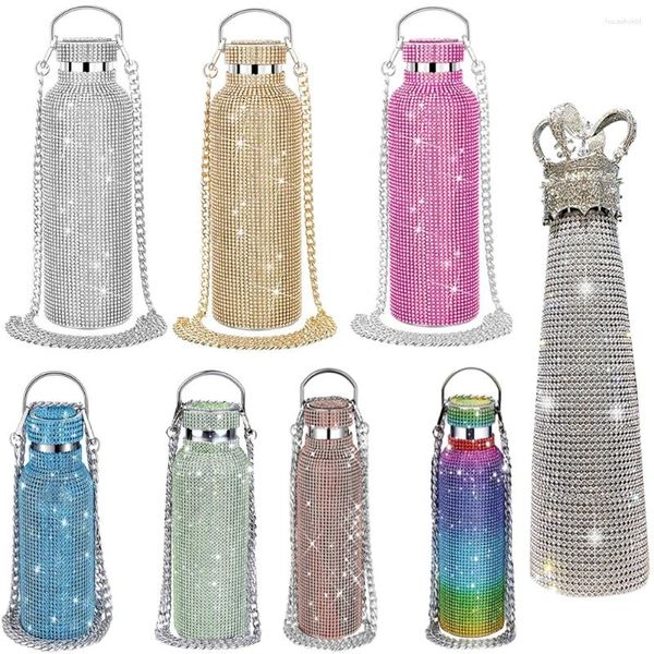 Garrafas de água queen coroa garrafa de diamante portátil glitter strass crossbody garrafa térmica de aço inoxidável decoração de casa