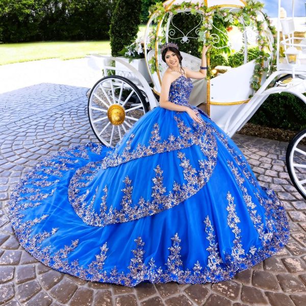 Königsblau Quinceanera Kleider Schatz Tüll Applikationen Mexikanisches Süßes 16 Kleid Geburtstagsfeier Abschlussballkleider Vestidos De Gala