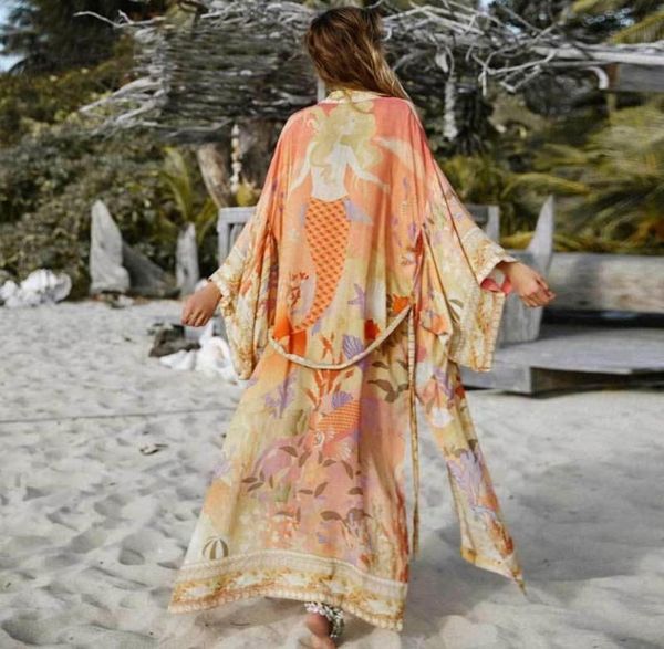 Kimono-Cardigan mit Blumendruck, lange Blusen für Frauen, Badevertuschung, Sommer, Boho, Kaftan, Strand, Femme, Vestid5010305