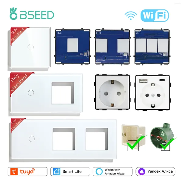 Controle de casa inteligente BSEED Painel de vidro padrão da UE 1/2/3Gang Wifi Switches Peças de reposição Tomada de parede USB App Tuya Life Alexa Alice