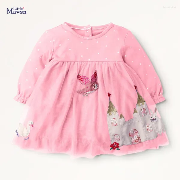 Abiti per ragazze Little Maven 2024 Neonate Moda Autunno Abito con gufo e castello Bellissimi vestiti per bambini per bambini 2-7 anni