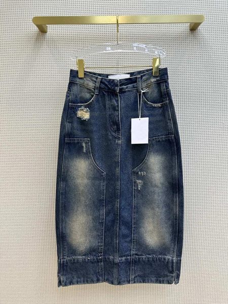 Saias 2024Sexy Rock Spice Retro lavado saia jeans de perna reta com uma fenda no lado 7.5
