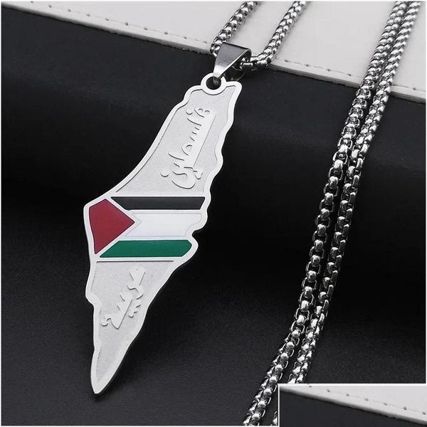Colares com pingente de aço inoxidável, colar com mapa da bandeira palestina.Entrega Dhxpy Joias Pingentes Otanl