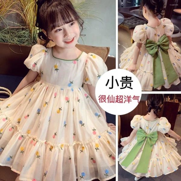 Mädchen Kleider 2024 Mädchen Sommer Kleid Blumen Stickerei Großen Bogen Kinder Prinzessin Geburtstag Kinder Vestidos Kleidung 2-14age