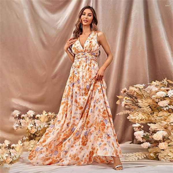 Roupas étnicas Mulheres Elegantes Vestidos Sem Mangas Chiffon Impresso V-Pescoço Vestidos de Festa de Noite Backless Casamento Prom Ball Maxi Vestido Longo