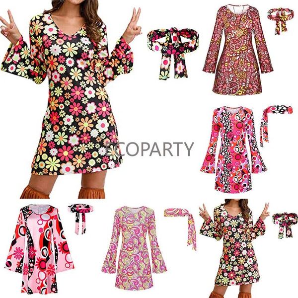 Lässige Kleider 2024 Damen Damen Hippie 60er 70er Hippie Blumenkostüm Fackeln Erwachsenen-Outfit für den Sommer