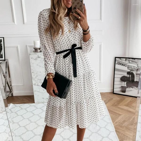 Casual Kleider Chiffon Kleid Vintage Einfache Süße Oansatz Weiß Polka Dot Party Frauen Langarm Täglichen Böhmischen Boho Vestidos