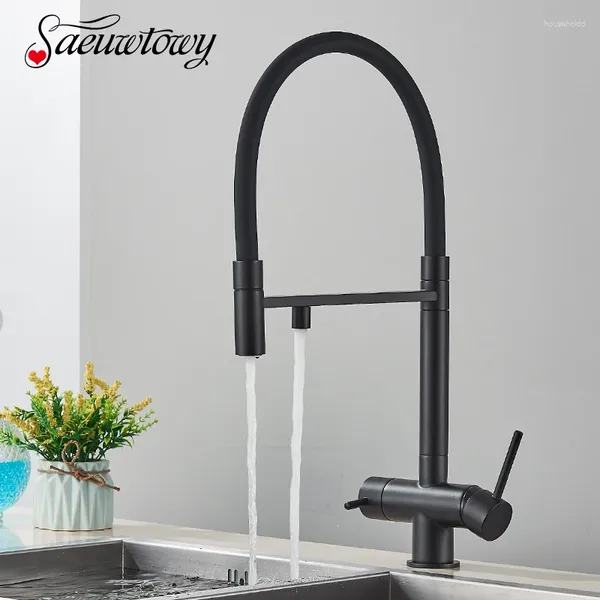 Rubinetti della cucina Rubinetto dell'acqua filtrata Doppia maniglia Montaggio su ponte Rubinetti in ottone Miscelatore per bere Ruota Abbassare il tubo flessibile