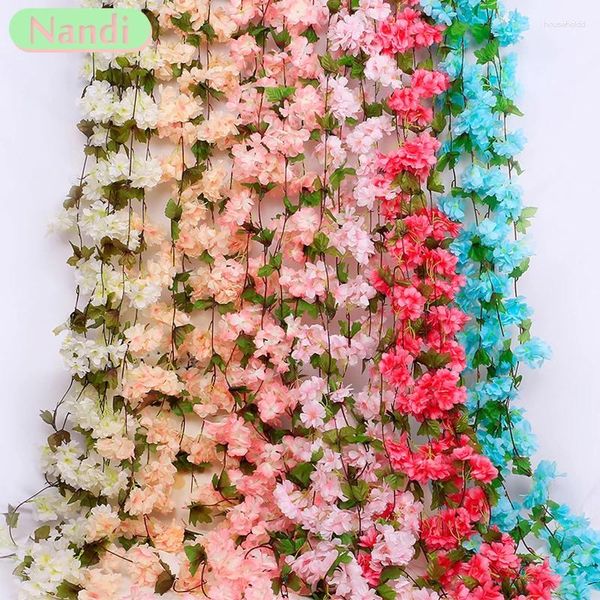 Dekoratif çiçekler 225cm 18pcs çiçek başı ipek yapay kiraz çiçeği gül asma duvar asılı dekorasyon rattan sahte bitki yaprağı çelenk