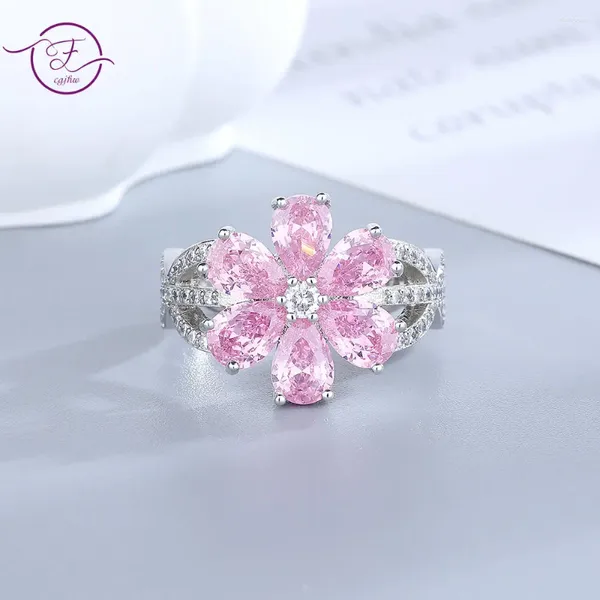 Cluster-Ringe, rosa Blume, funkelnder Zirkon, Verlobungsring, Ehering, 18 Karat vergoldet, weiß, feiner Schmuck für Frauen