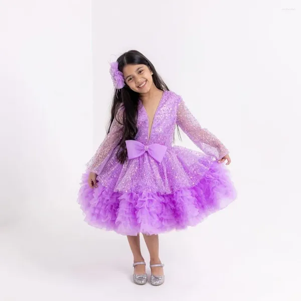 Девушка платья с фиолетовым мячом цветочные блестки с длинными рукавами детские платья на день рождения колена