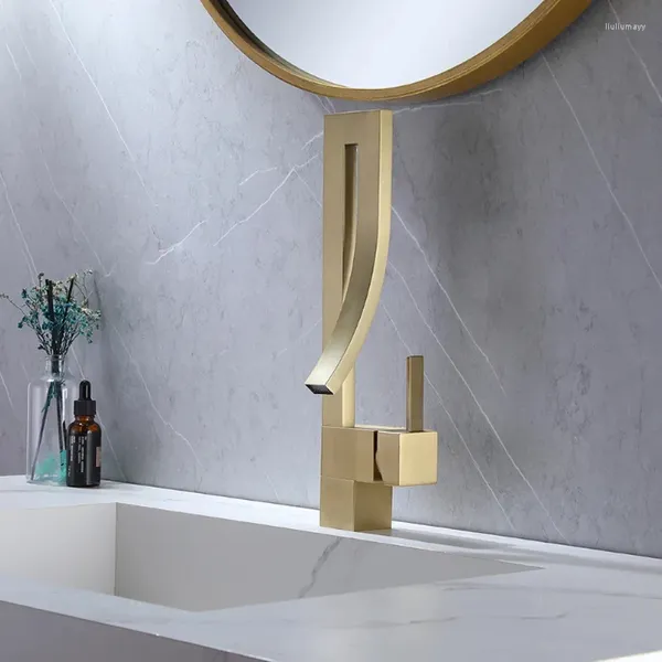 Badezimmer-Waschtischarmaturen, gebürstetes Gold, Wasserfall-Wasserhahn, schwarzer Einhand-Auslauf, Messing, kaltes, modernes Design, weit verbreitet