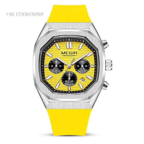 MEGIR 2115 Octagon Fall Uhr Für Männer Großhandel Groß Casual Gelb Chronograph Quarz Mode Männer Armbanduhr