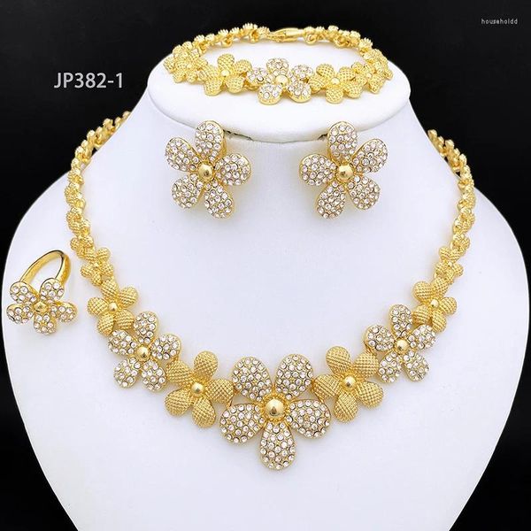 Collana Orecchini Set Dubai Colore oro Donna Elegante Fiore Orecchino Anello Bracciale Gioielli Abbigliamento quotidiano Accessori placcati