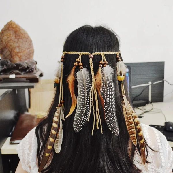 Grampos de cabelo feitos à mão corda de couro marrom pena headbands contas de madeira boho acessórios moda jóias