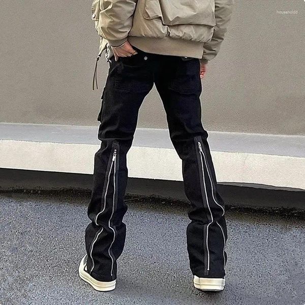 Männer Jeans 2024 Y2K Fashion Zipper Schwarz Ausgestellte Cargo Hosen Für Männer Designer Kleidung Gerade Feste Beiläufige Lange Hosen Ropa hombre