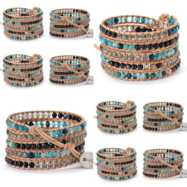 Bangle Pulseiras Clássico 5 Strand Pedras Naturais Onyx Cristal Cordão Strap Envoltório Frisado Jóias Femme Bijoux Gota Entrega Judeu Dh0HF