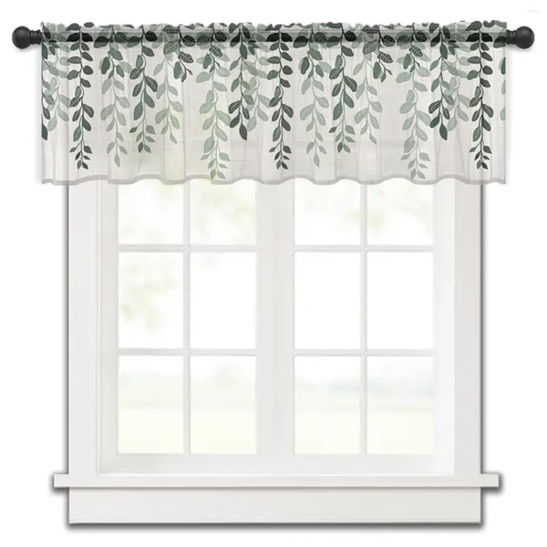 Cortina de folhas plantas estilo country americano gradiente verde cortinas de cozinha tule transparente curto sala de estar decoração de casa voile