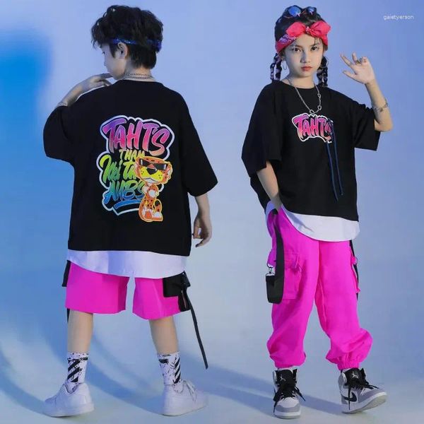 Abbigliamento da palco Kid Kpop Abbigliamento Hip Hop T-shirt oversize con stampa bianca nera Top Pantaloni cargo streetwear per ragazza Ragazzo Abbigliamento per costumi di danza jazz