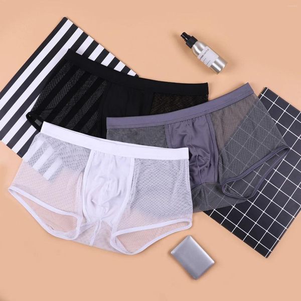 Cuecas sexy malha renda verão fino respirável sem costura calcinha masculina transparente gelo seda média cintura boxers