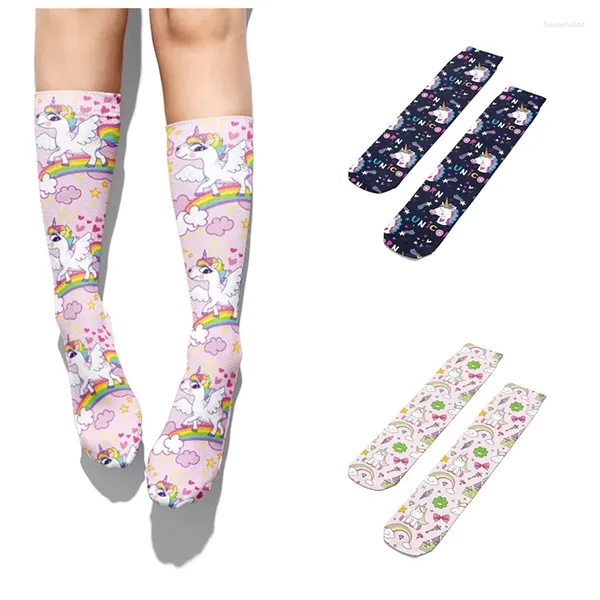 Frauen Socken Nette Einhorn Gedruckt Harajuku Glücklich Regenbogen Mädchen Rosa Lange Mode Lustige Oberschenkel Hohe Baumwolle Für Weibliche